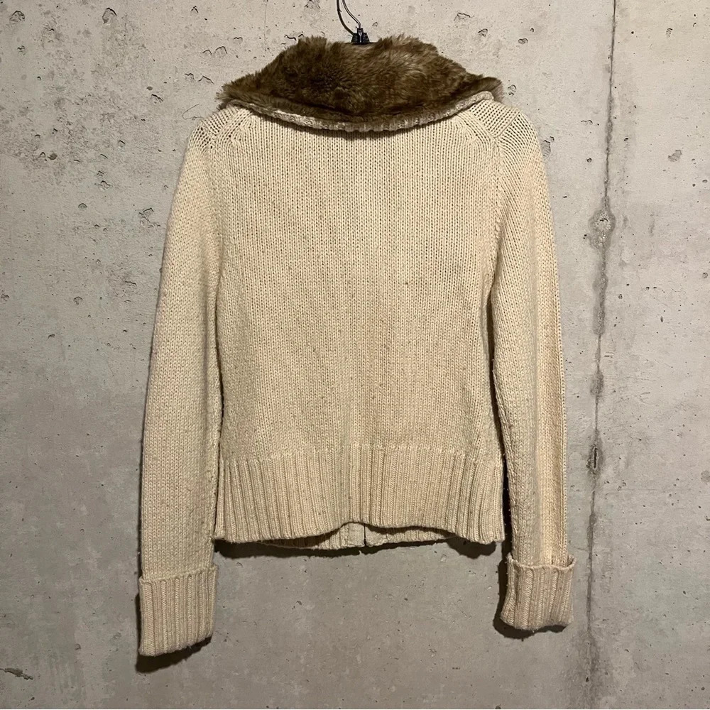 Ann Taylor Loft Womens Zip Cardigan Sweater Lambswool Faux Fur Collar Beige S - Picture 7 of 9